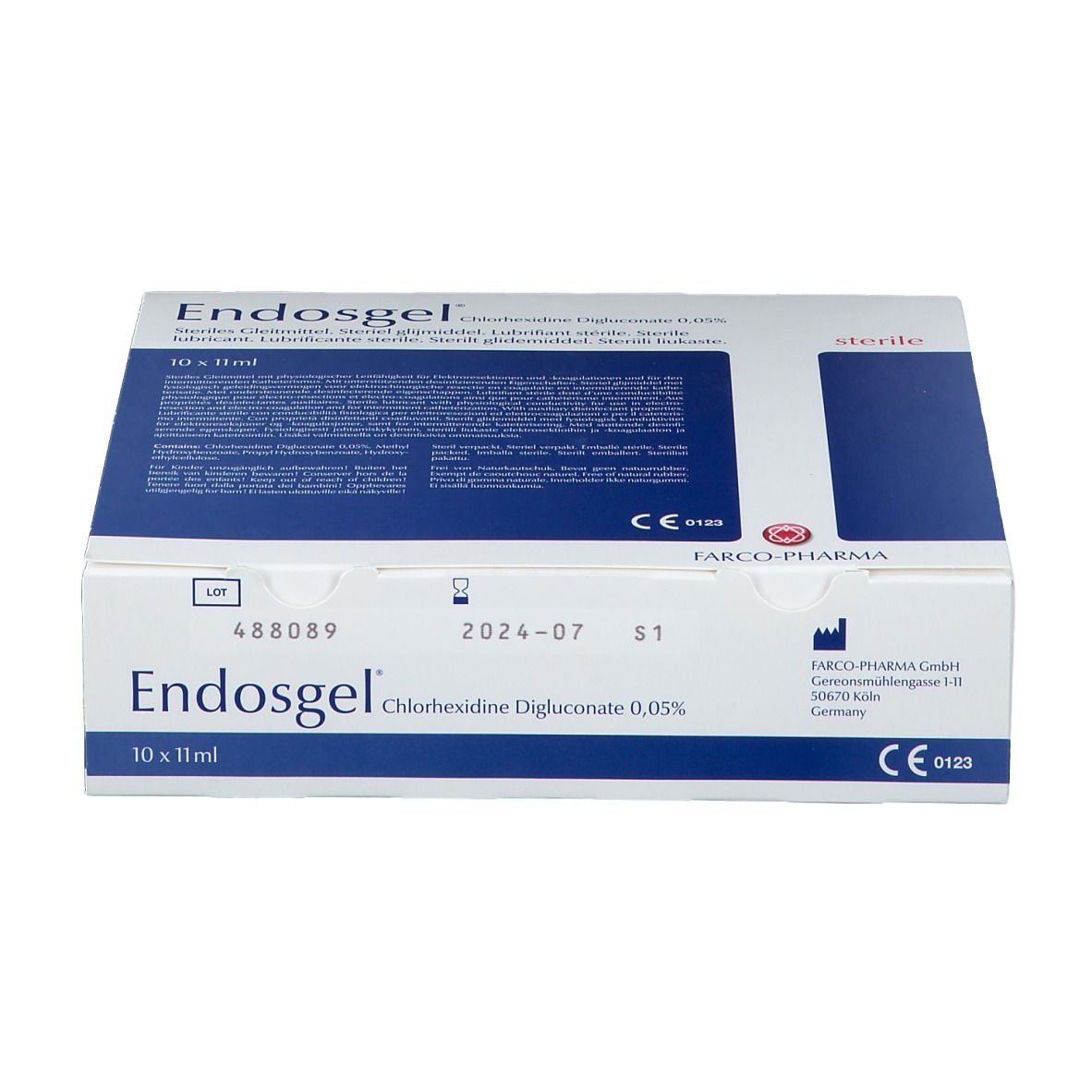Boîte "Endosgel", emballage bleu et blanc. Contient du digluconate de chlorhexidine 0,05%. Marquage CE.