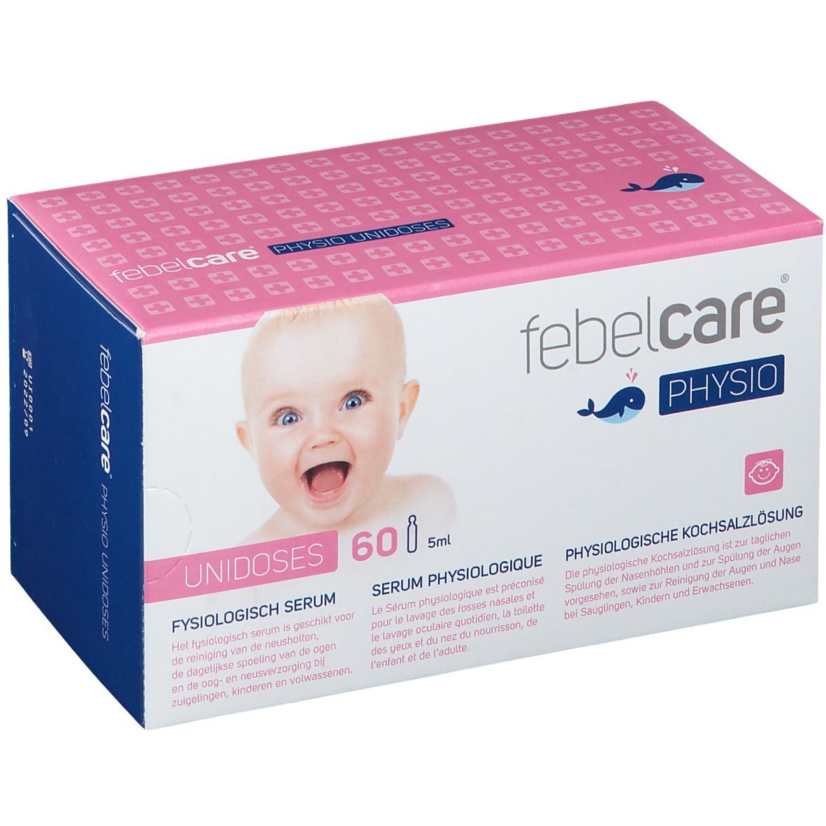 Boîte rose et blanche avec photo de bébé. Inscription: Febelcare Physio Unidoses, 60 x 5ml. Solution saline physiologique.