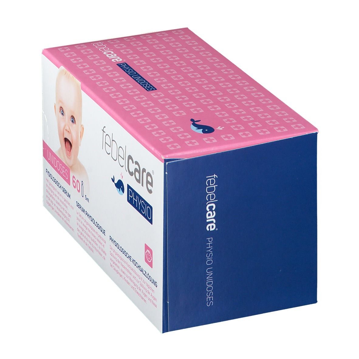 Boîte rose et blanche avec photo de bébé. Inscription: Febelcare Physio Unidoses. Côté bleu avec logo.