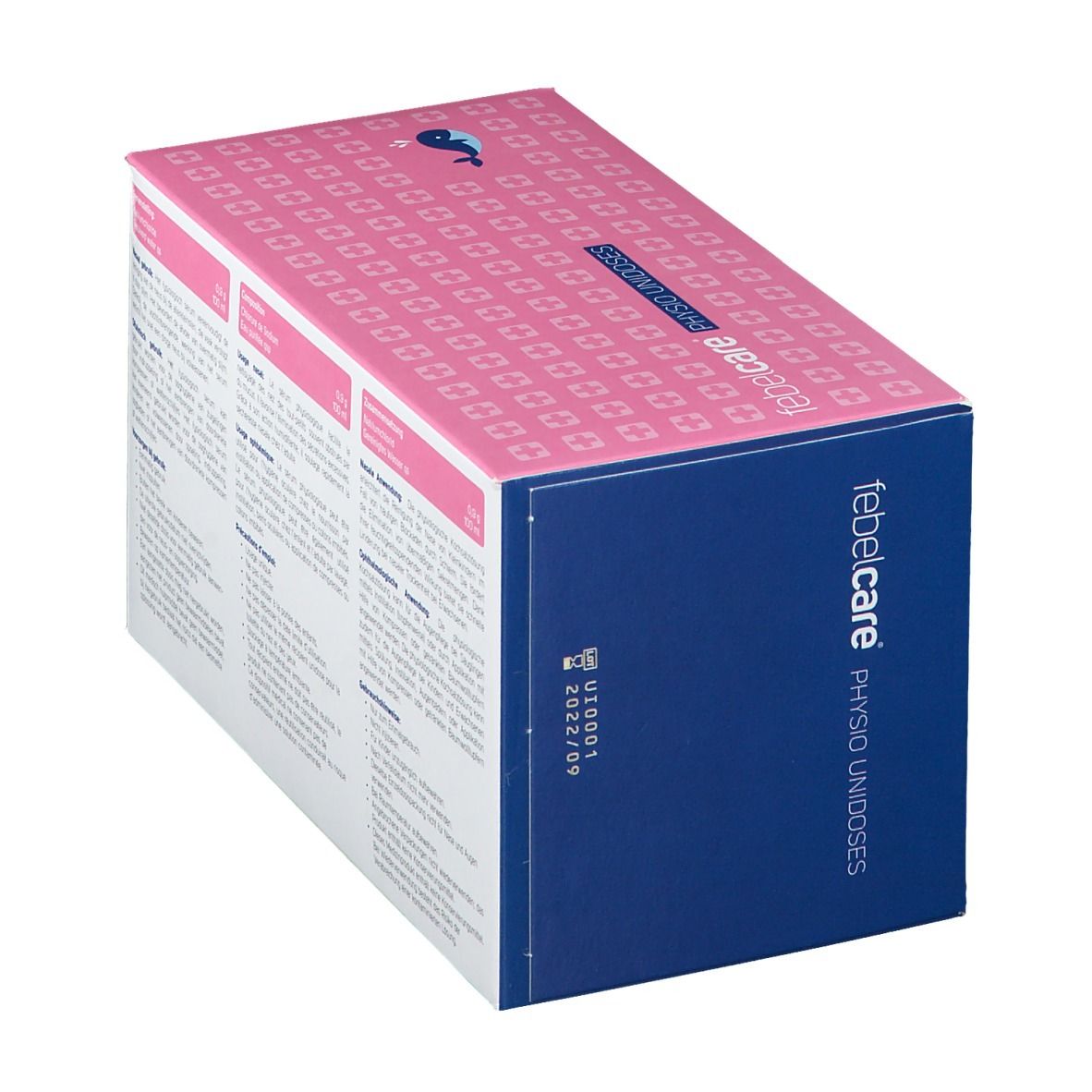 Boîte rose et blanche avec texte. Côté bleu avec logo et date de péremption 2022/09.
