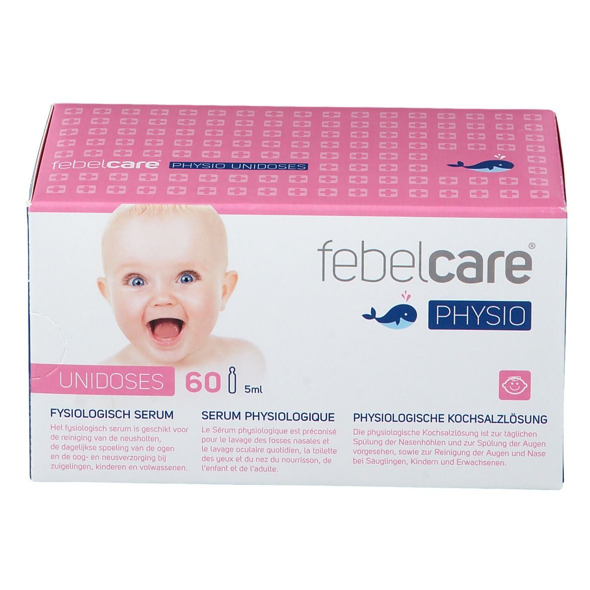 Boîte rose et blanche avec photo de bébé. Inscription: Febelcare Physio Unidoses, 60 x 5ml. Solution saline physiologique.