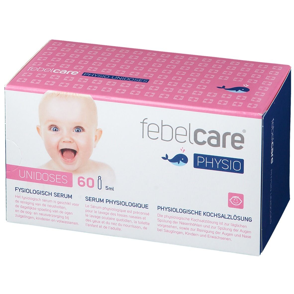 Boîte rose et blanche avec photo de bébé. Inscription: Febelcare Physio Unidoses, 60 x 5ml. Solution saline physiologique.