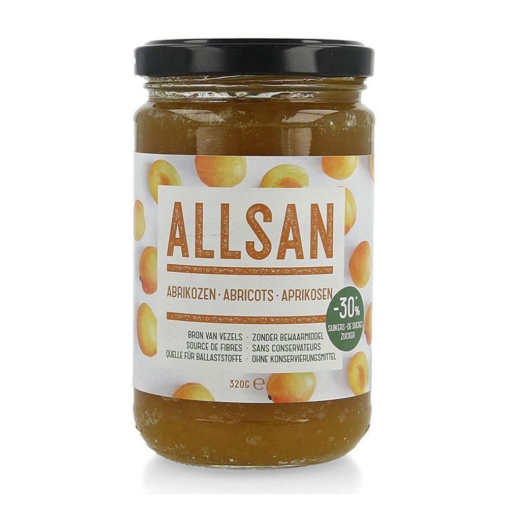 Pot de confiture d'abricots ALLSAN. Étiquette avec logo, texte et illustrations d'abricots. Couvercle noir.