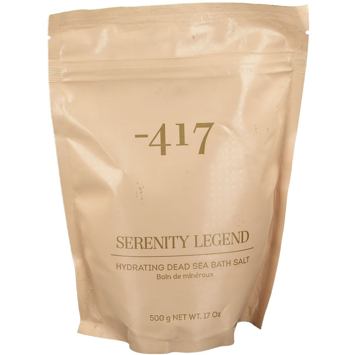 Sachet de sel de bain -417 Serenity Legend. Emballage beige, fermeture éclair. Texte : Hydrating Dead Sea Bath Salt.