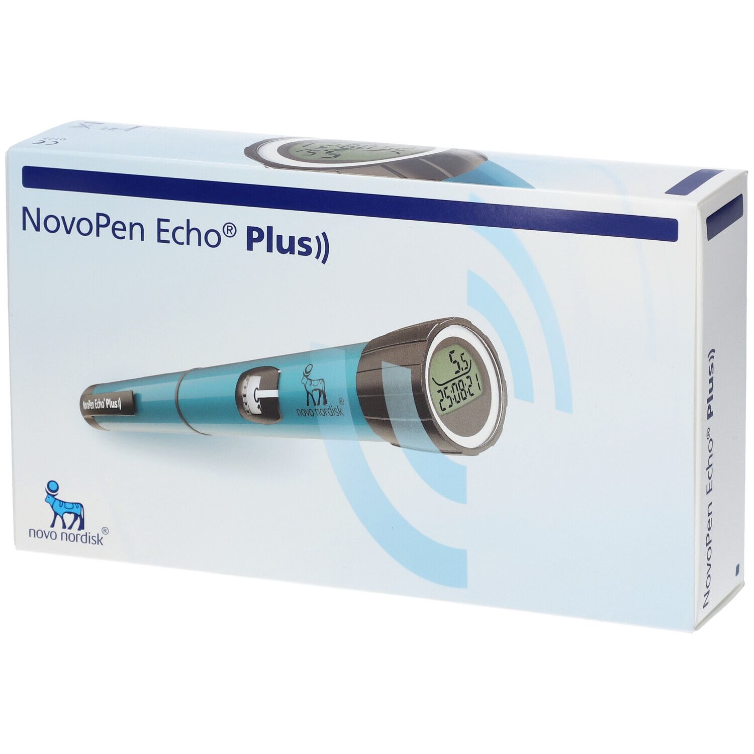 Emballage NovoPen Echo Plus. Stylo à insuline bleu illustré sur l'emballage. Logo Novo Nordisk.