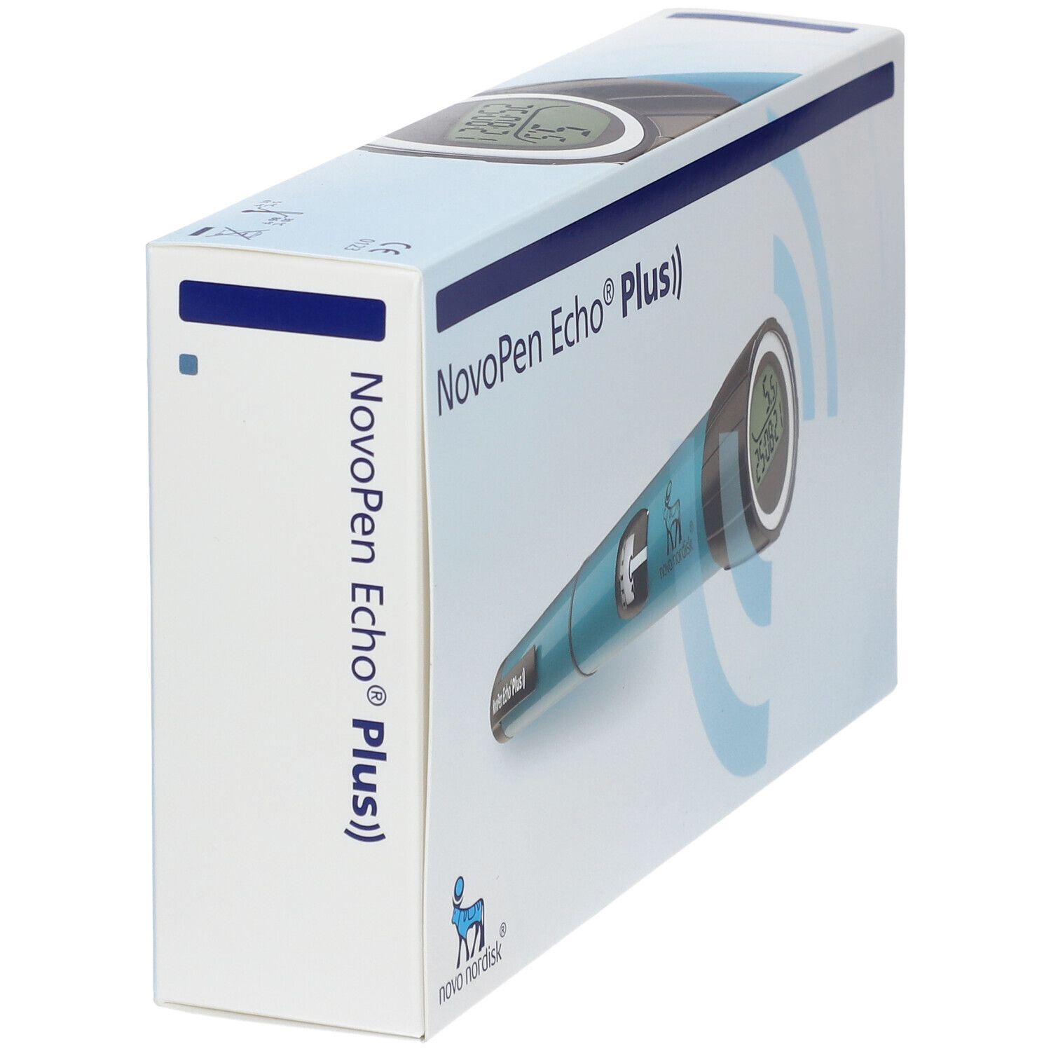 Emballage NovoPen Echo Plus, vue en perspective. Stylo à insuline bleu sur l'emballage. Logo Novo Nordisk.