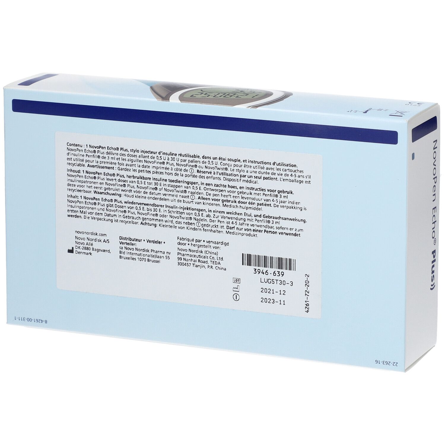 Dos de l'emballage NovoPen Echo Plus. Texte multilingue. Informations sur le produit et détails du fabricant.