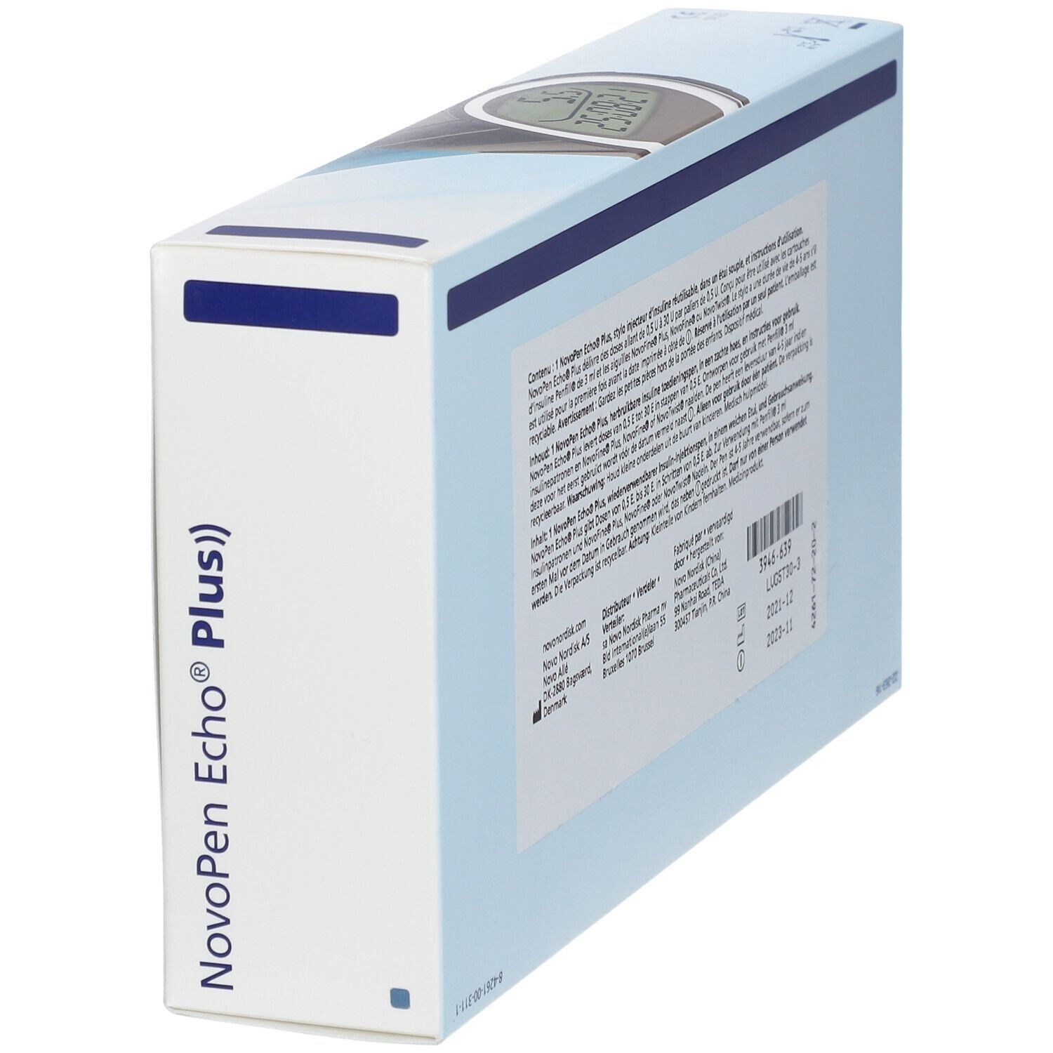 Dos de l'emballage NovoPen Echo Plus. Texte multilingue. Informations sur le produit et détails du fabricant.
