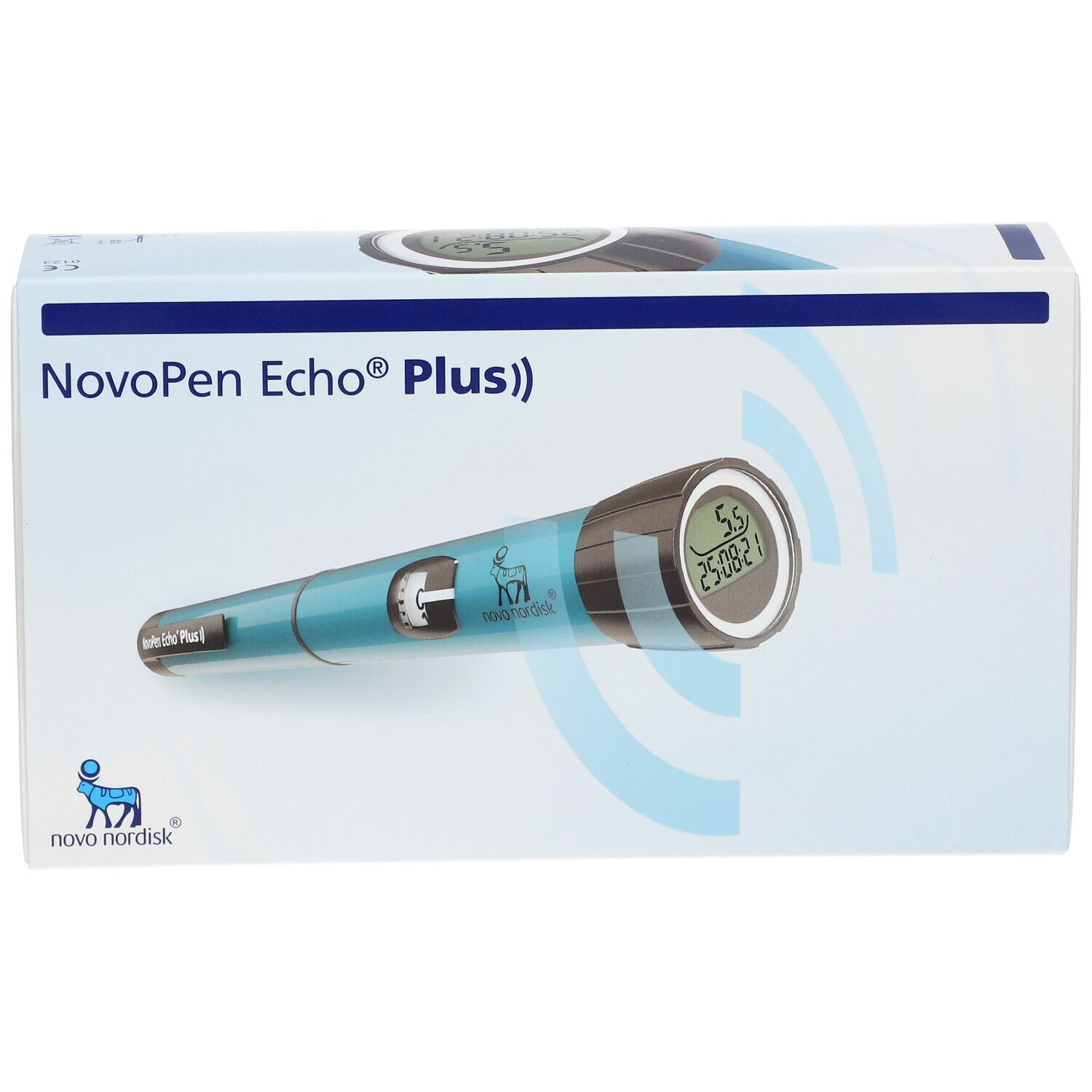 Emballage NovoPen Echo Plus. Stylo à insuline bleu illustré sur l'emballage. Logo Novo Nordisk.