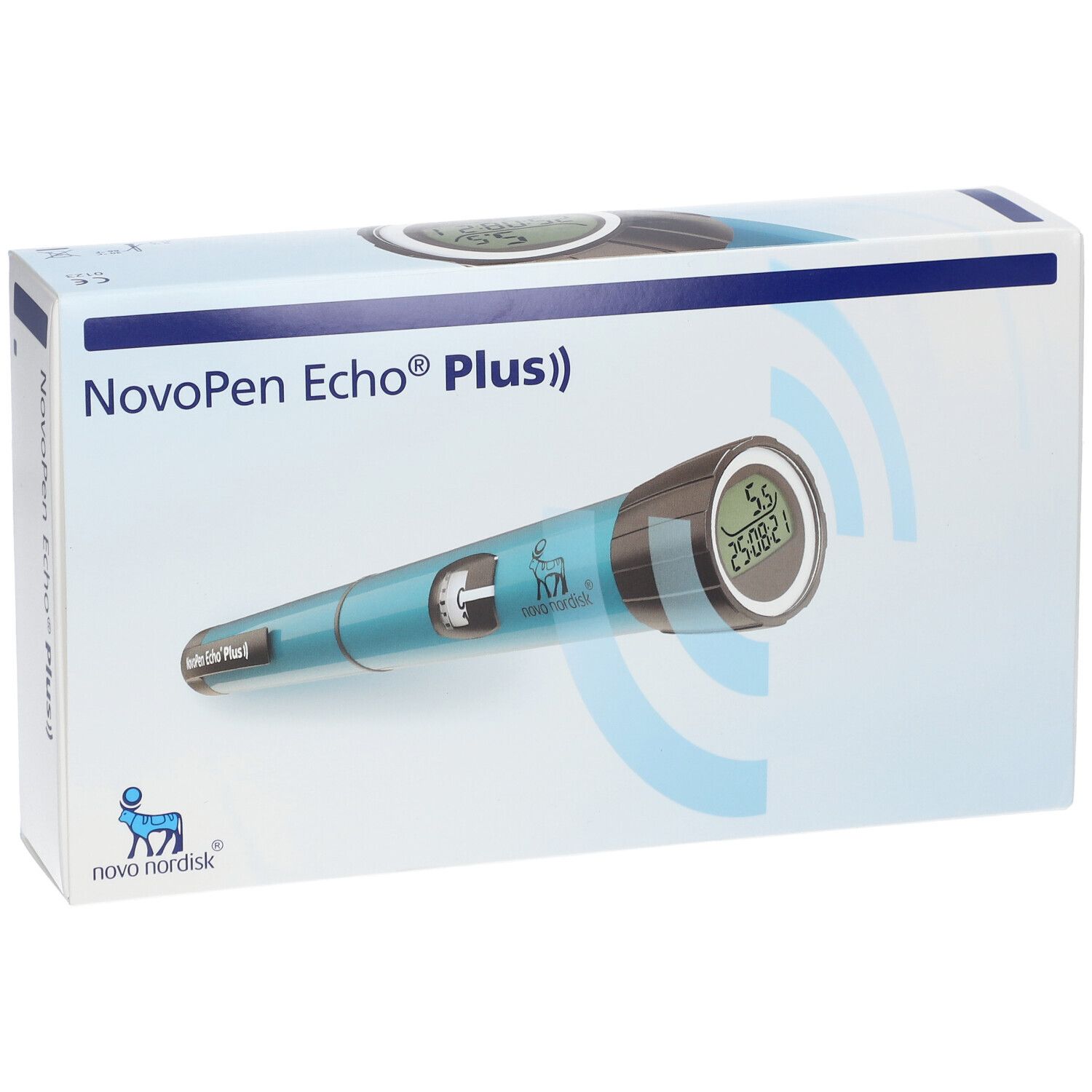 Emballage NovoPen Echo Plus. Stylo à insuline bleu illustré sur l'emballage. Logo Novo Nordisk.