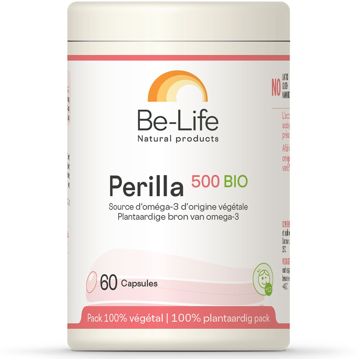 Boîte cylindrique Be-Life Perilla 500 BIO. Contient 60 capsules. Emballage 100% végétal.