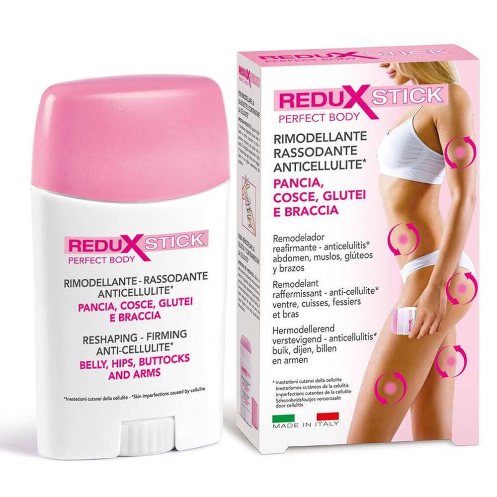Stick blanc et rose, emballage. Inscription ReduX Stick. Textes en italien et anglais. Anti-cellulite. Produit remodelant.