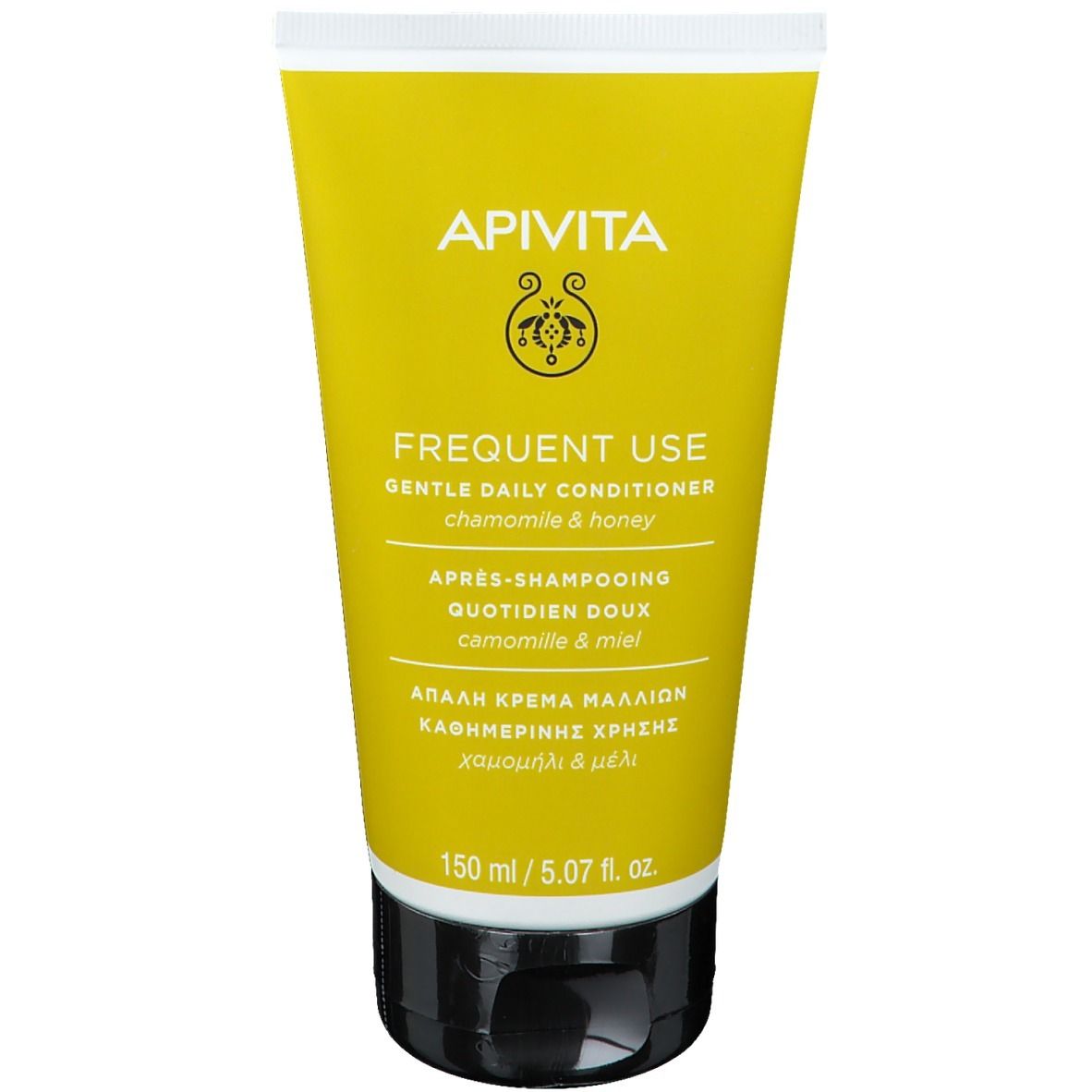 Apivita Frequent Use Gentle Daily Conditioner, 150 ml. Tube jaune avec bouchon noir.