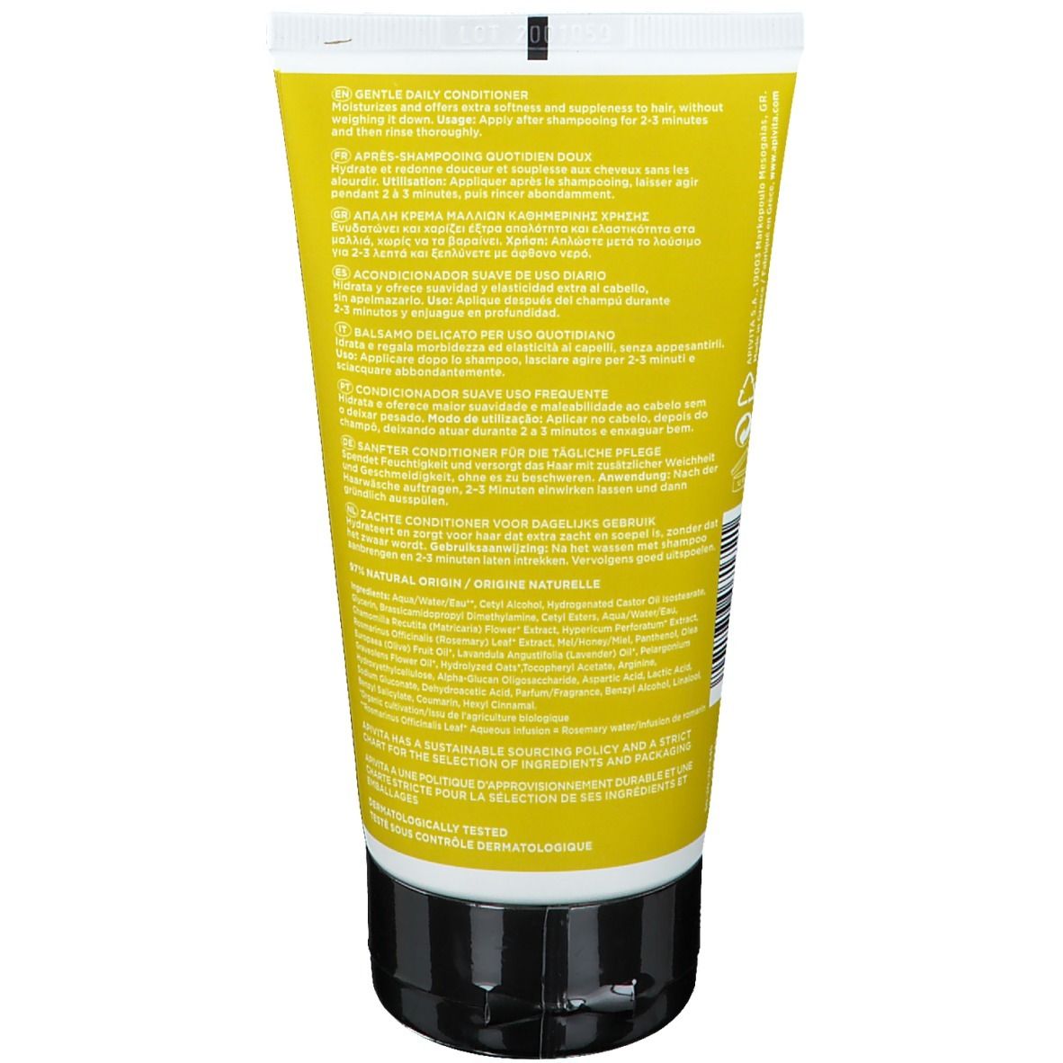 Tube jaune avec bouchon noir, contient un après-shampoing quotidien.