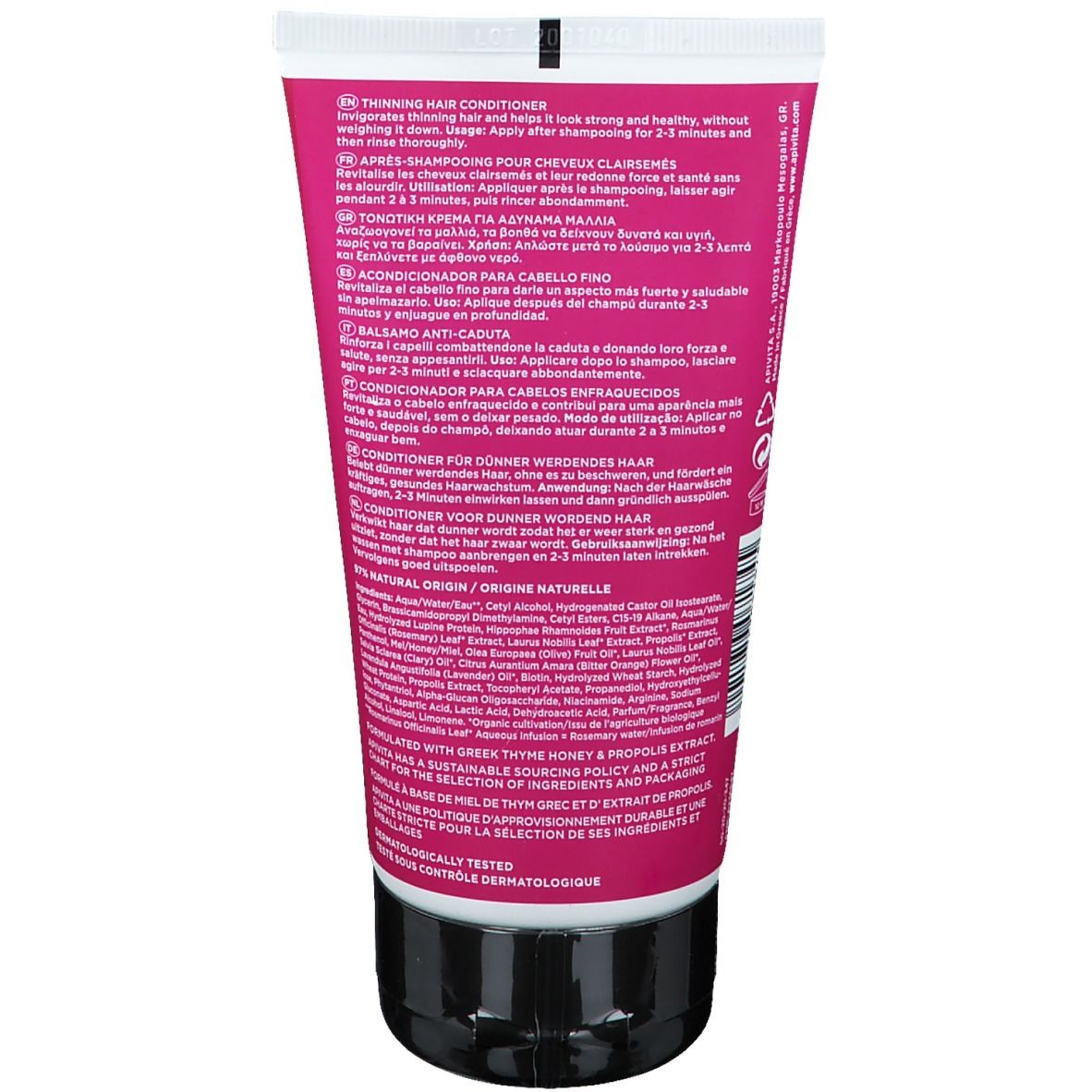 Tube de soin pour cheveux clairsemés. Contient des ingrédients comme le miel de thym grec et l'extrait de propolis.