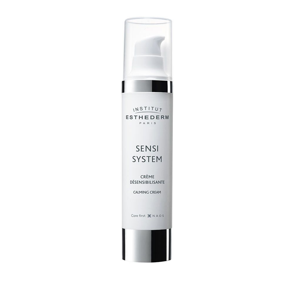 Flacon blanc avec pompe. Inscriptions: INSTITUT ESTHEDERM PARIS, SENSI SYSTEM, Crème Désensibilisante, Calming Cream.