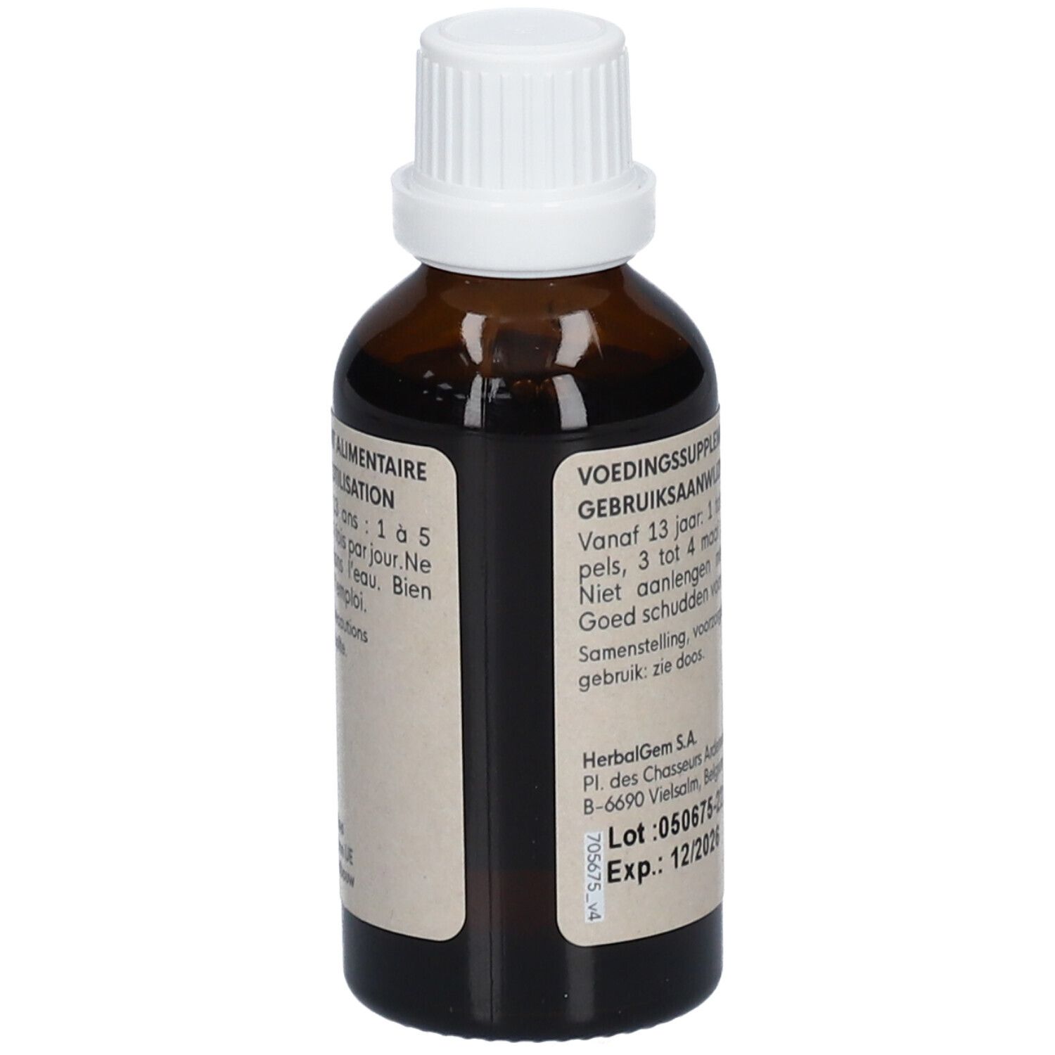 Flacon en verre brun avec bouchon blanc. Étiquette avec informations produit. Vue arrière.