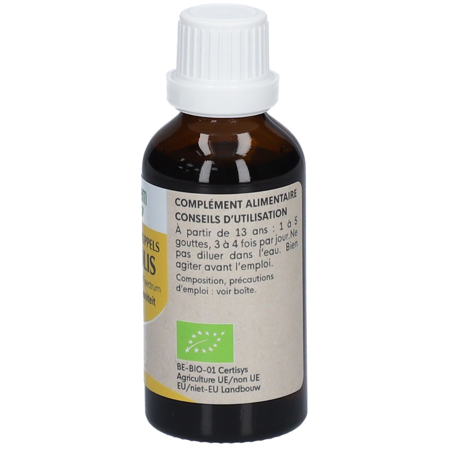 Flacon en verre brun avec bouchon blanc. Étiquette avec informations produit. Label bio.