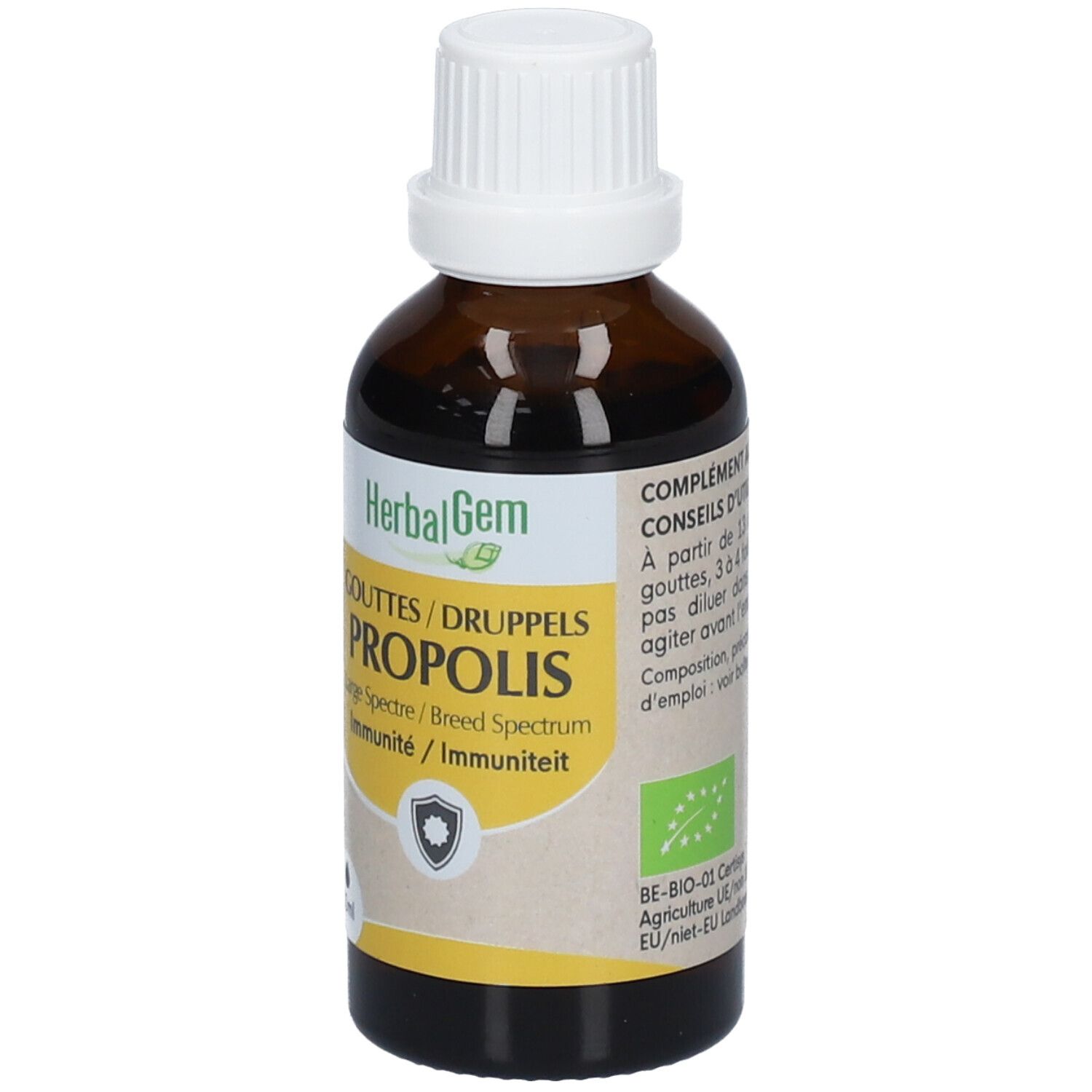 Flacon en verre brun avec bouchon blanc. Étiquette avec nom et logo. Label bio.