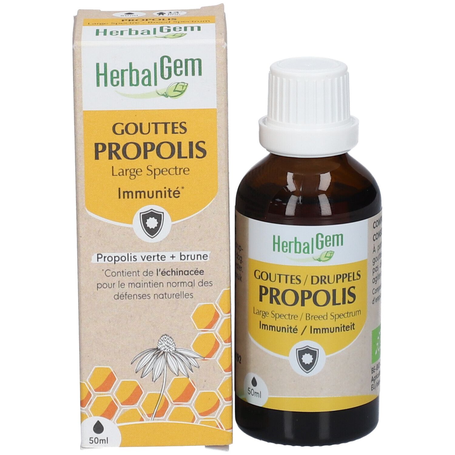 Flacon brun et boîte. Flacon avec bouchon blanc, étiquette. Boîte avec logo et nom du produit.