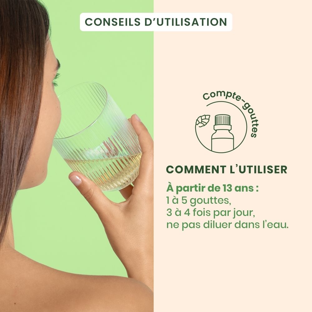 Flacon et boîte du produit. Boîte avec nom et logo du produit. Flacon de 50 ml.