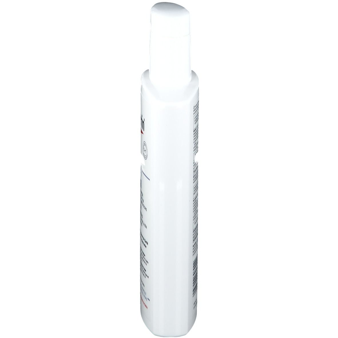 Flacon blanc avec bouchon rabattable. Texte noir. Inscriptions en plusieurs langues.