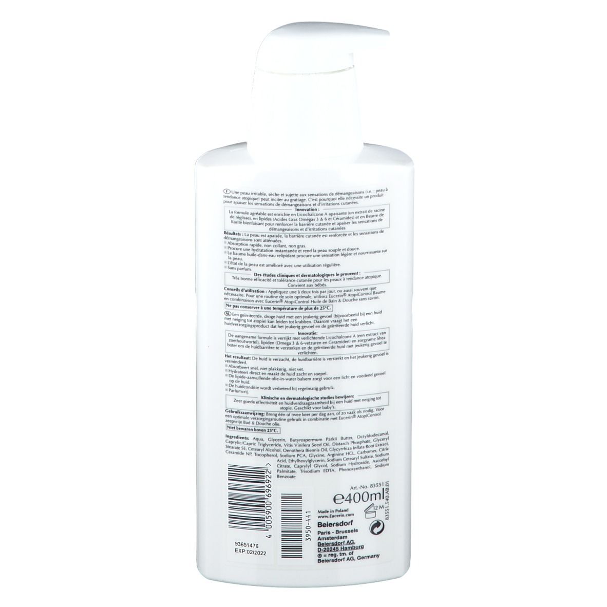 Dos d'un flacon blanc. Texte en plusieurs langues. Code-barres et numéro de lot.