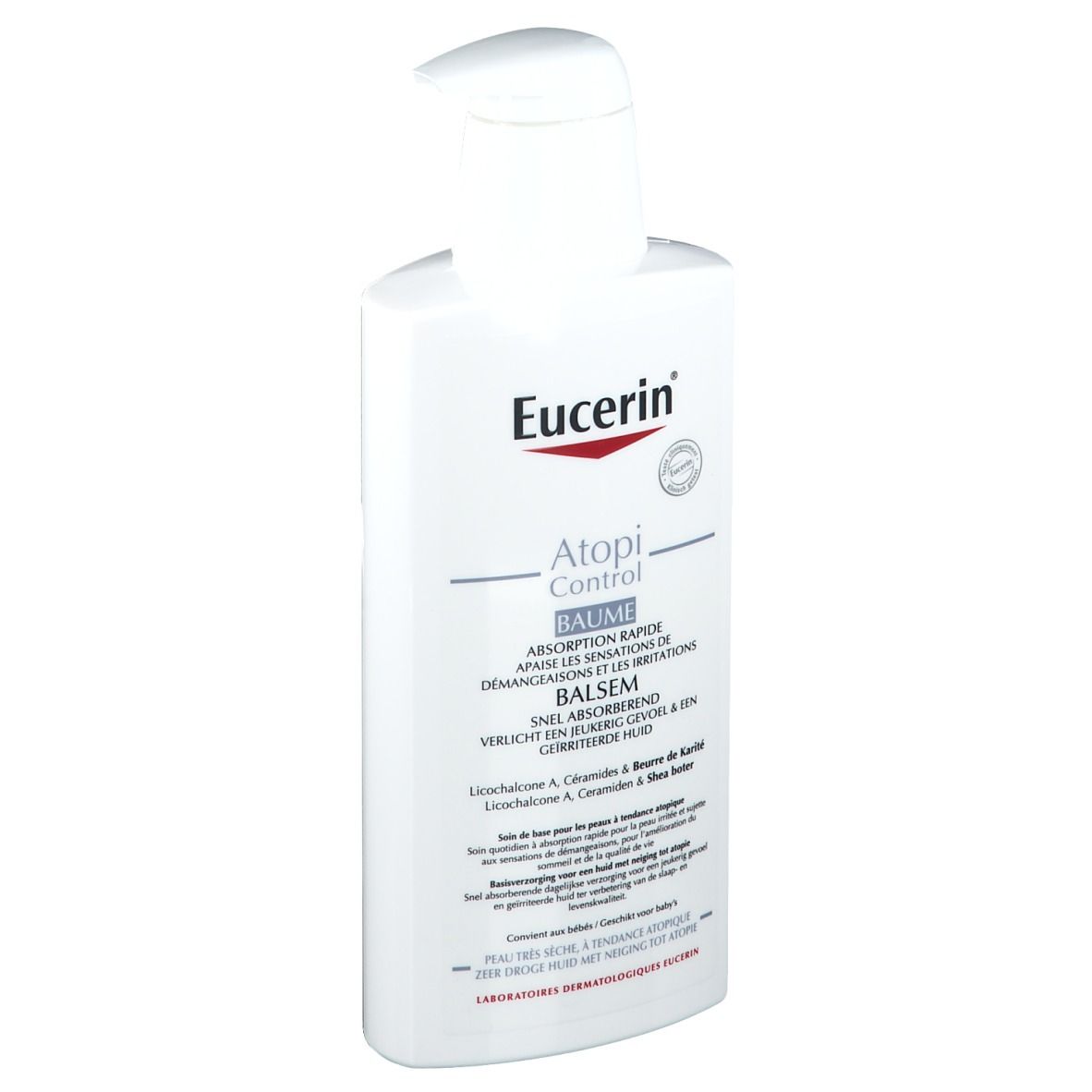 Flacon blanc avec pompe. Texte noir. Nom du produit et autres informations.