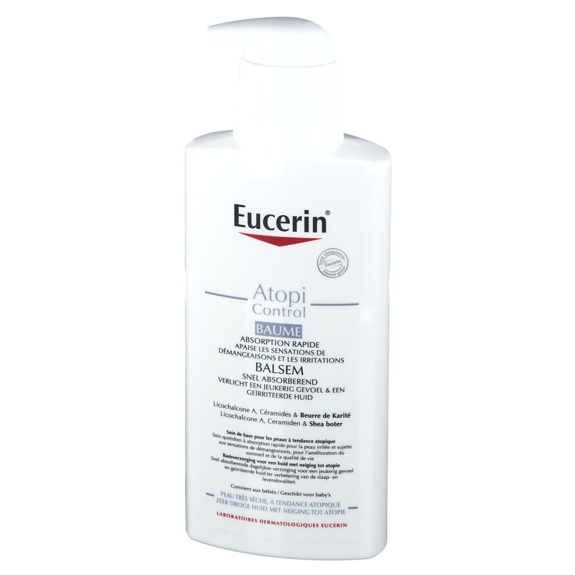 Flacon blanc avec pompe. Texte noir. Nom du produit et autres informations.