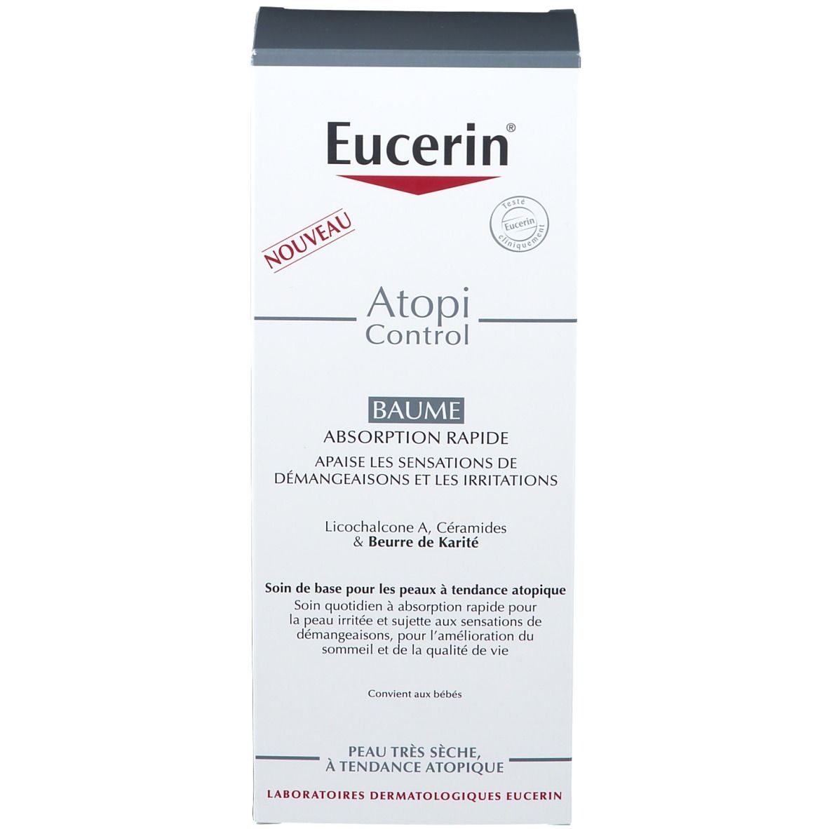 Emballage du produit. Emballage blanc avec texte noir. Nom du produit et autres informations.