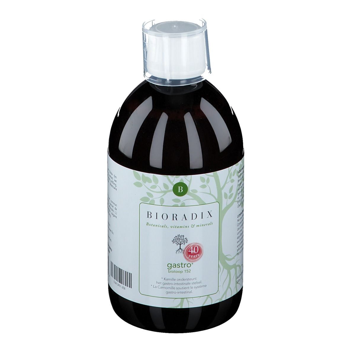 Liquide brun en bouteille avec bouchon blanc. Étiquette avec nom du produit et logo. Inscription: BIORADIX gastro.