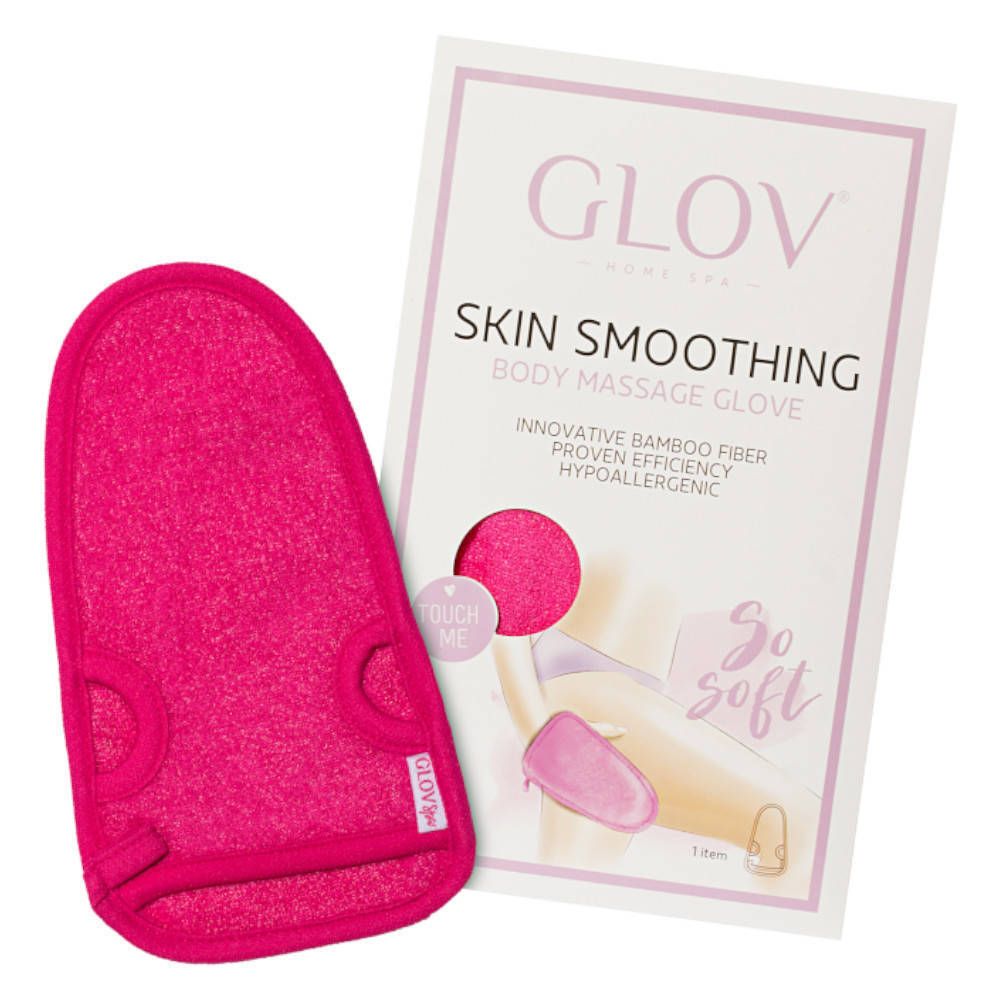 Gant de massage rose en fibre de bambou à côté d'un emballage avec informations sur le produit.