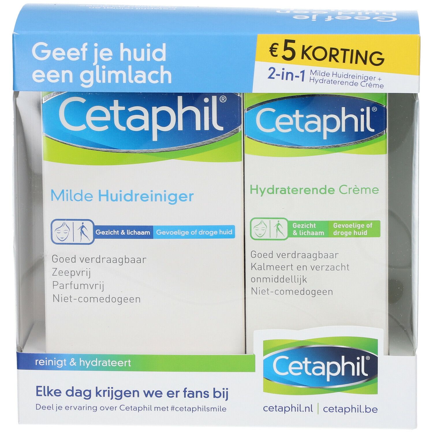 Coffret Cetaphil avec deux produits : Nettoyant doux et Crème hydratante. Emballage bleu et blanc.