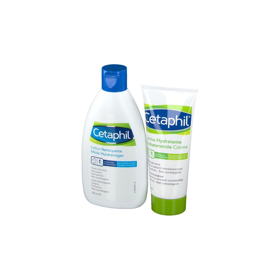 Coffret Cetaphil avec deux produits : Nettoyant doux et Crème hydratante. Emballage bleu et blanc.