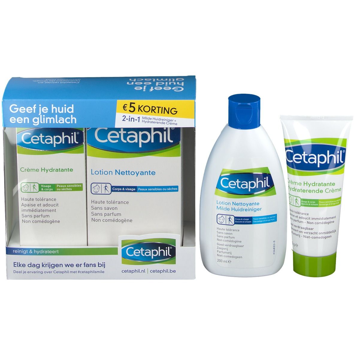 Produits Cetaphil : Crème Hydratante, Lotion Nettoyante et une autre crème. Flacons et tubes blancs.