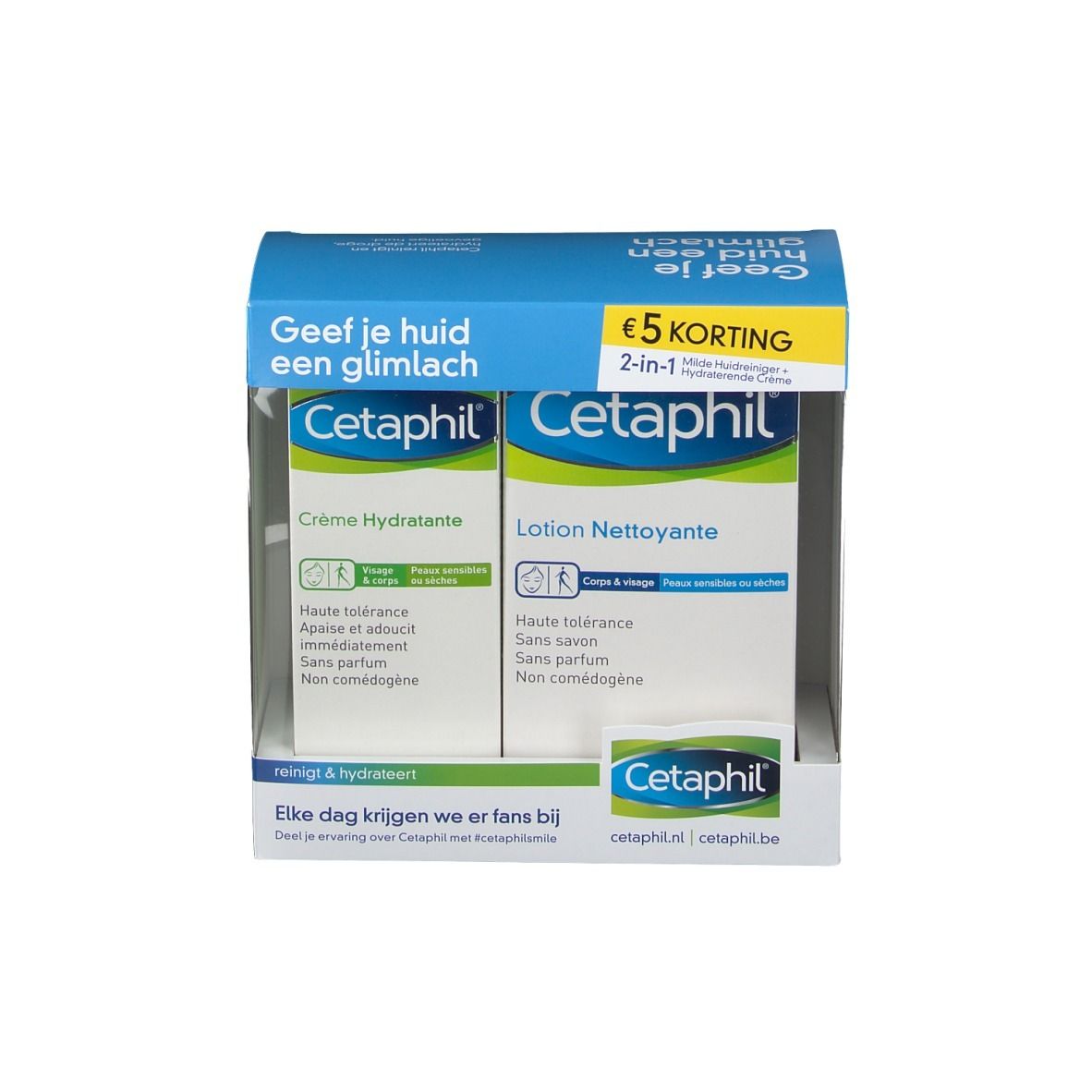 Coffret Cetaphil avec Crème Hydratante et Lotion Nettoyante. Emballage bleu et blanc.