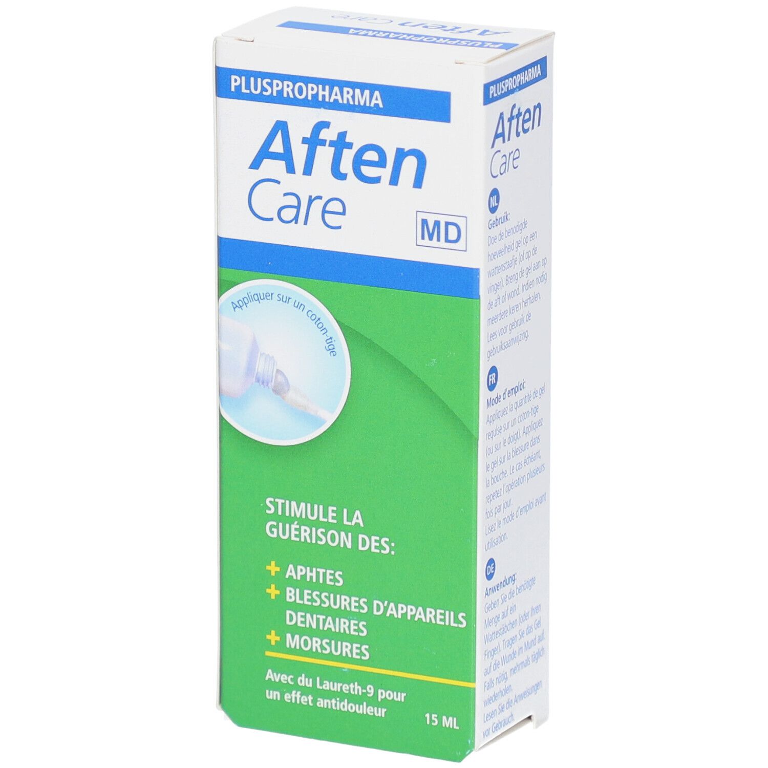 Boîte Pluspropharma Aften Care. Vert et blanc. Nom du produit et exemples d'utilisation. 15 ml.