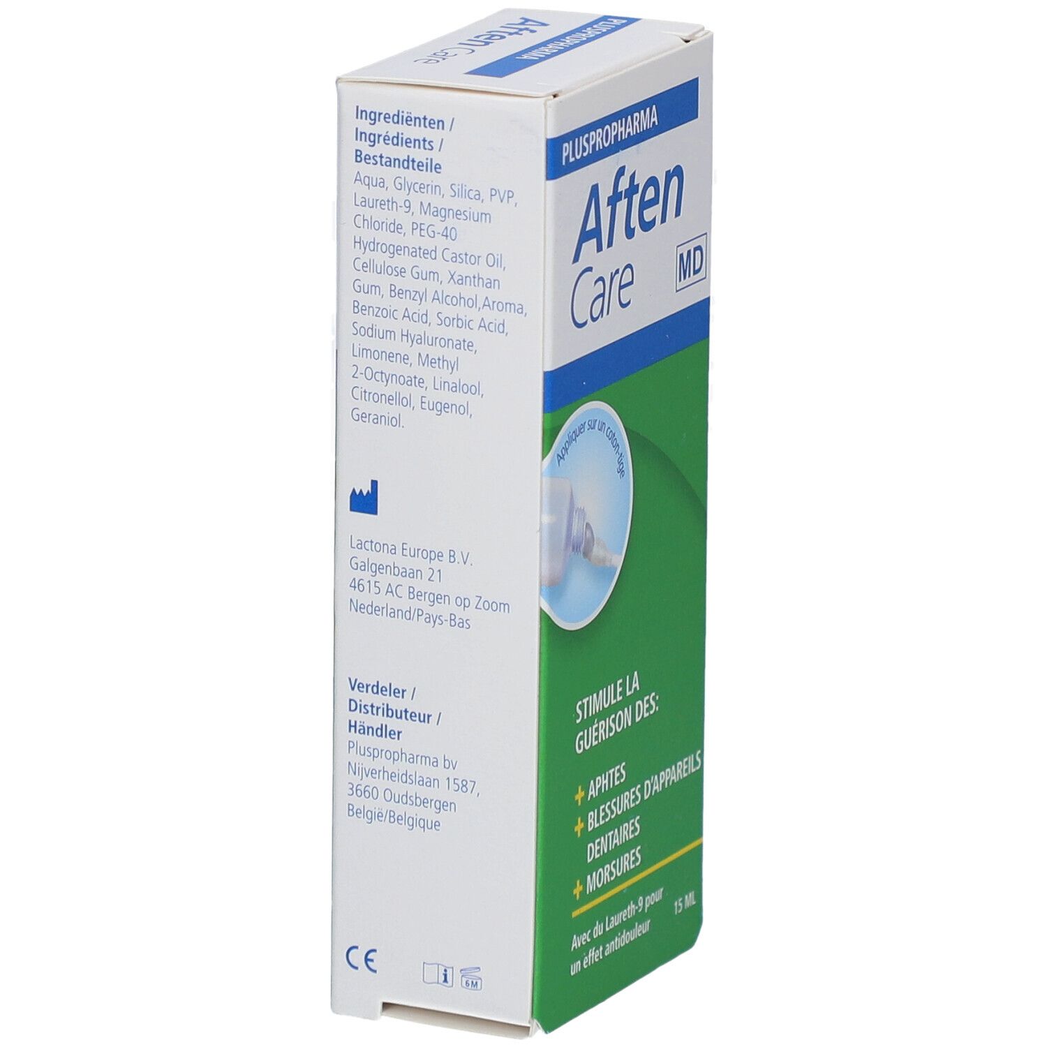 Dos de la boîte Pluspropharma Aften Care. Liste des ingrédients, informations fabricant et marquage CE.