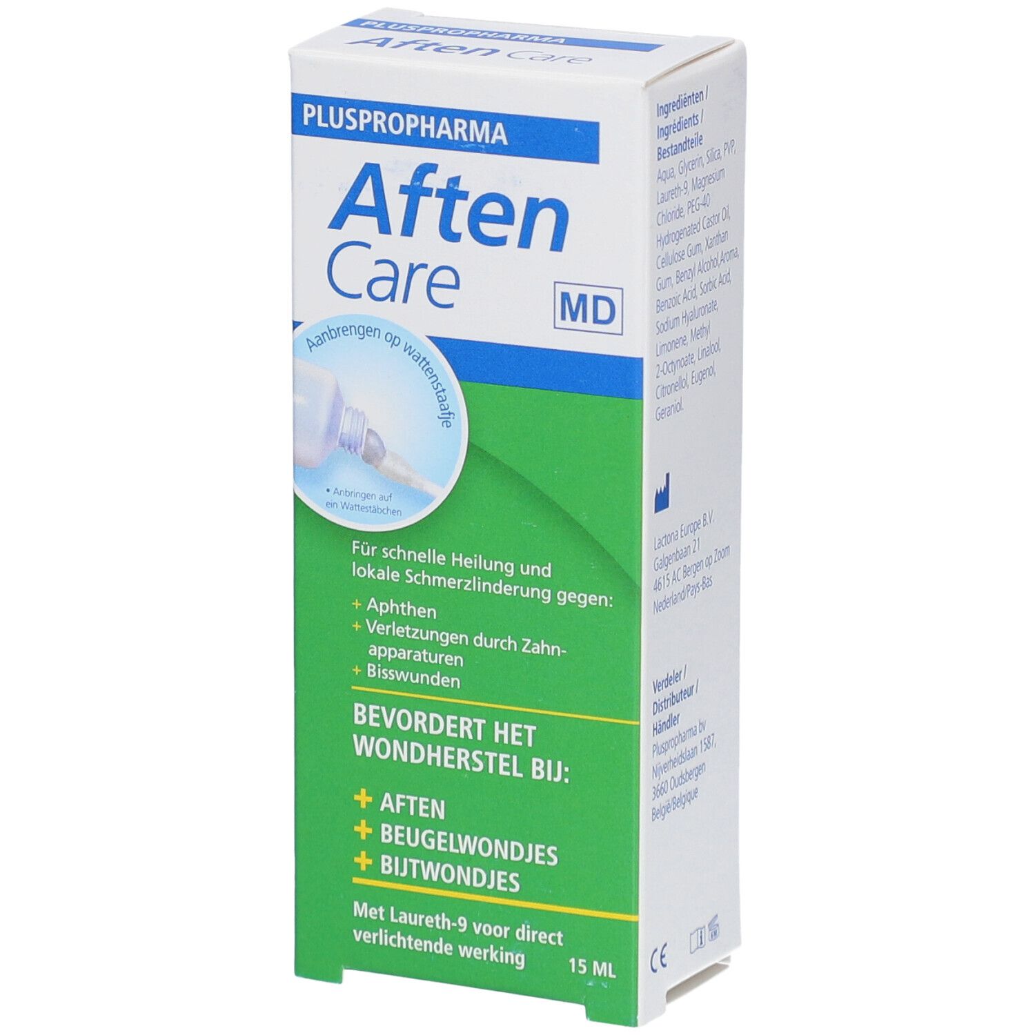 Boîte Pluspropharma Aften Care. Nom du produit, exemples d'utilisation et texte en allemand et néerlandais. 15 ml.