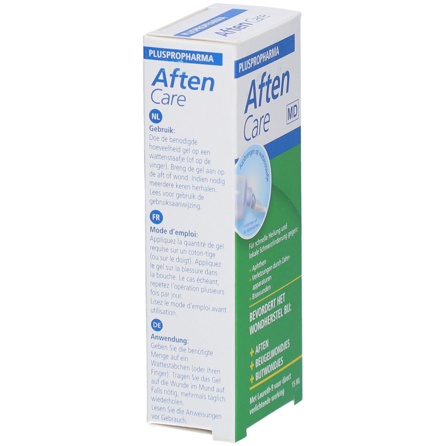 Boîte Pluspropharma Aften Care. Nom du produit, exemples d'utilisation et texte en néerlandais et français. 15 ml.