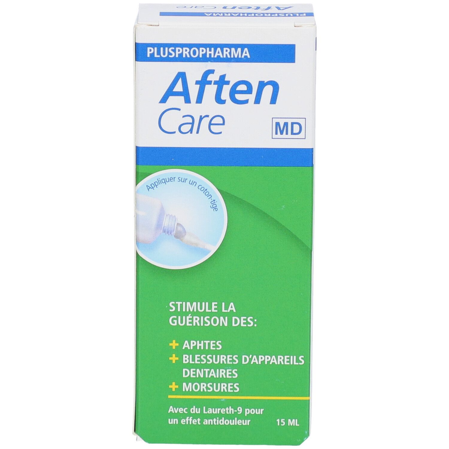 Boîte Pluspropharma Aften Care. Vert et blanc. Nom du produit et exemples d'utilisation. 15 ml.