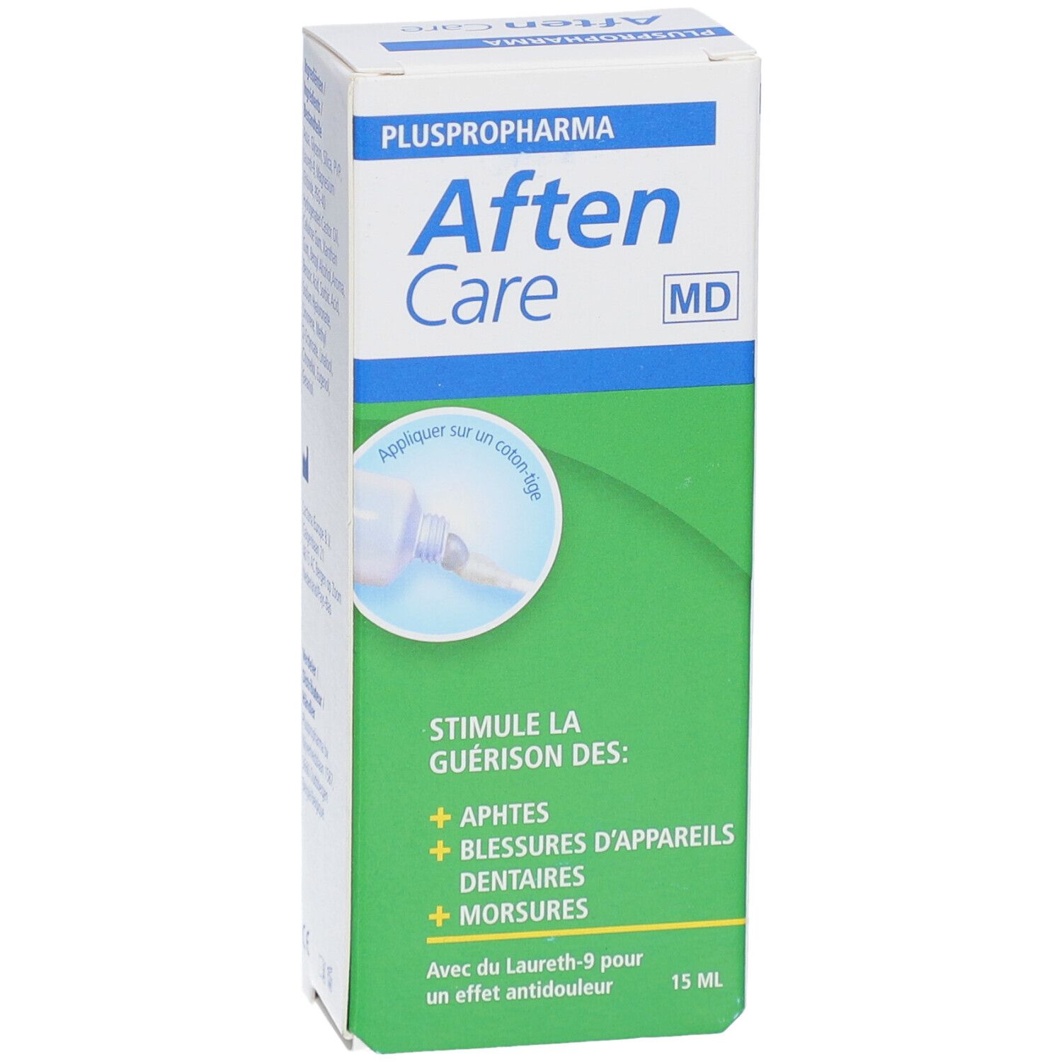 Boîte Pluspropharma Aften Care. Vert et blanc. Nom du produit et exemples d'utilisation. 15 ml.