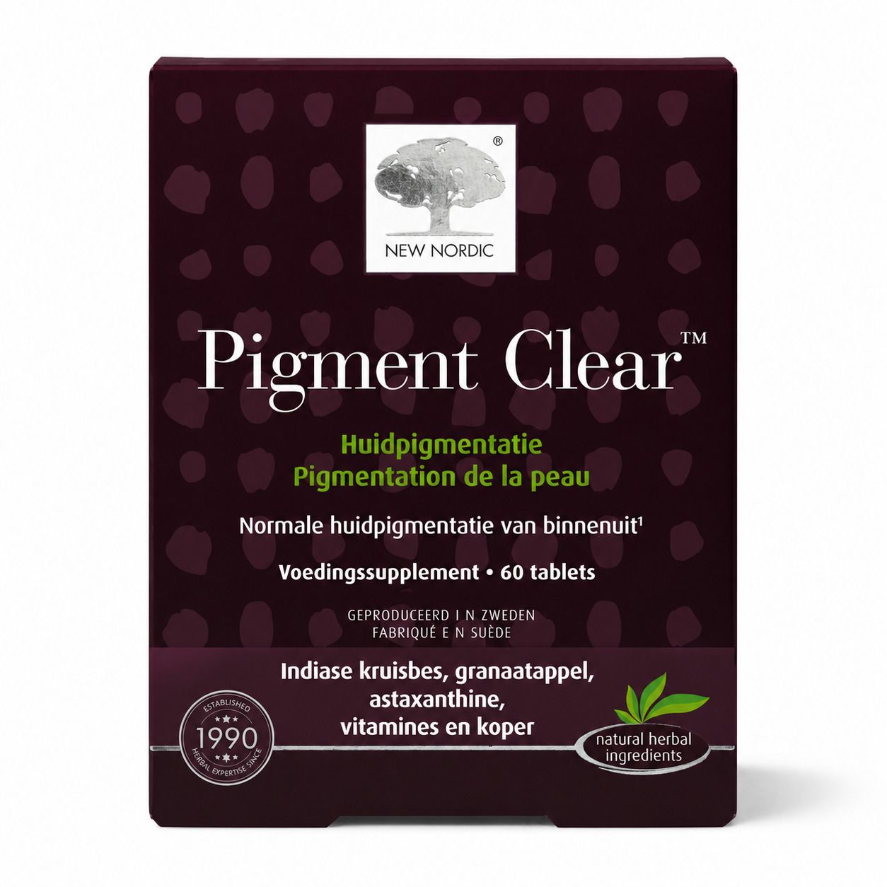 Boîte bordeaux avec le nom du produit Pigment Clear. Contient 60 comprimés. Logo New Nordic et mention 'Natural herbal ingredients'.