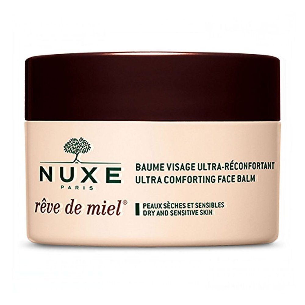 Pot NUXE Rêve de Miel® Baume Visage avec couvercle marron, vue latérale.