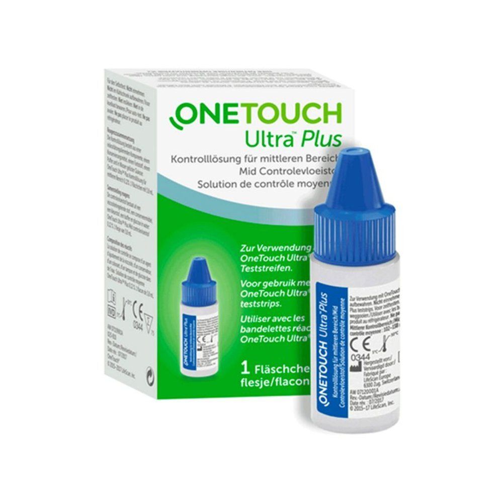 Emballage de la solution de contrôle OneTouch Ultra Plus avec flacon.