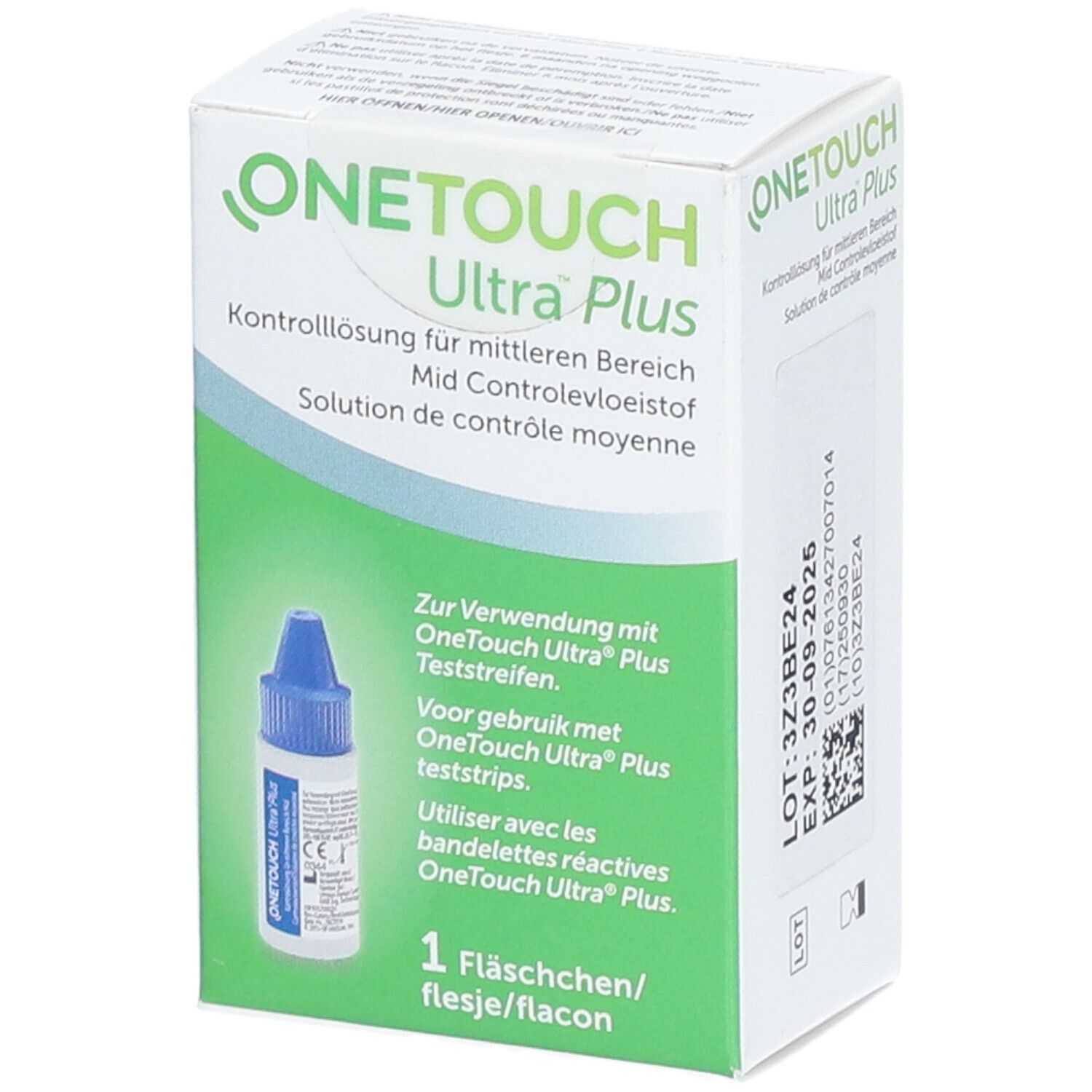 OneTouch Ultra Plus solution de contrôle. Boîte avec flacon. Texte en allemand, français et néerlandais. Flacon à bouchon bleu.