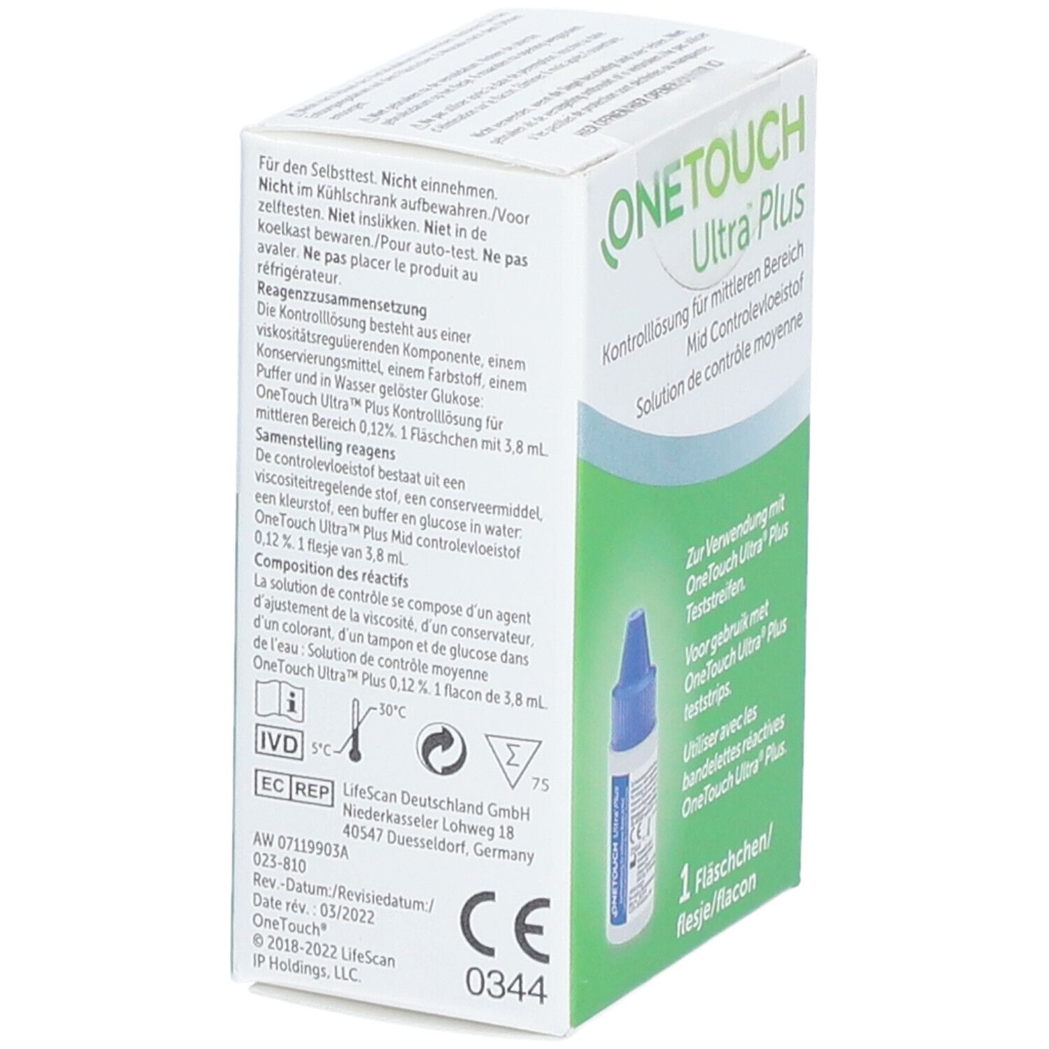 OneTouch Ultra Plus solution de contrôle. Boîte avec texte en allemand. Flacon à bouchon bleu. Marquage CE et autres symboles.