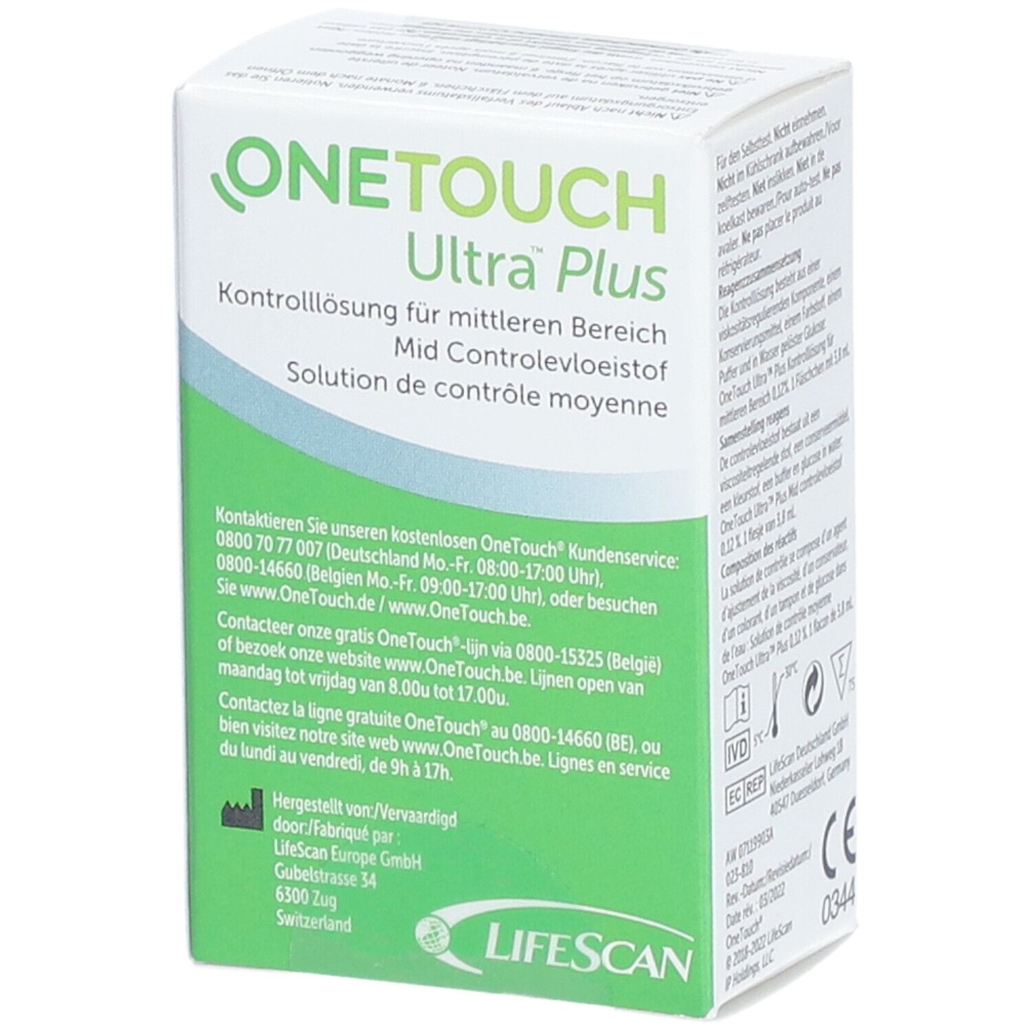OneTouch Ultra Plus solution de contrôle. Boîte avec texte en allemand. Coordonnées et logo Lifescan. Marquage CE.