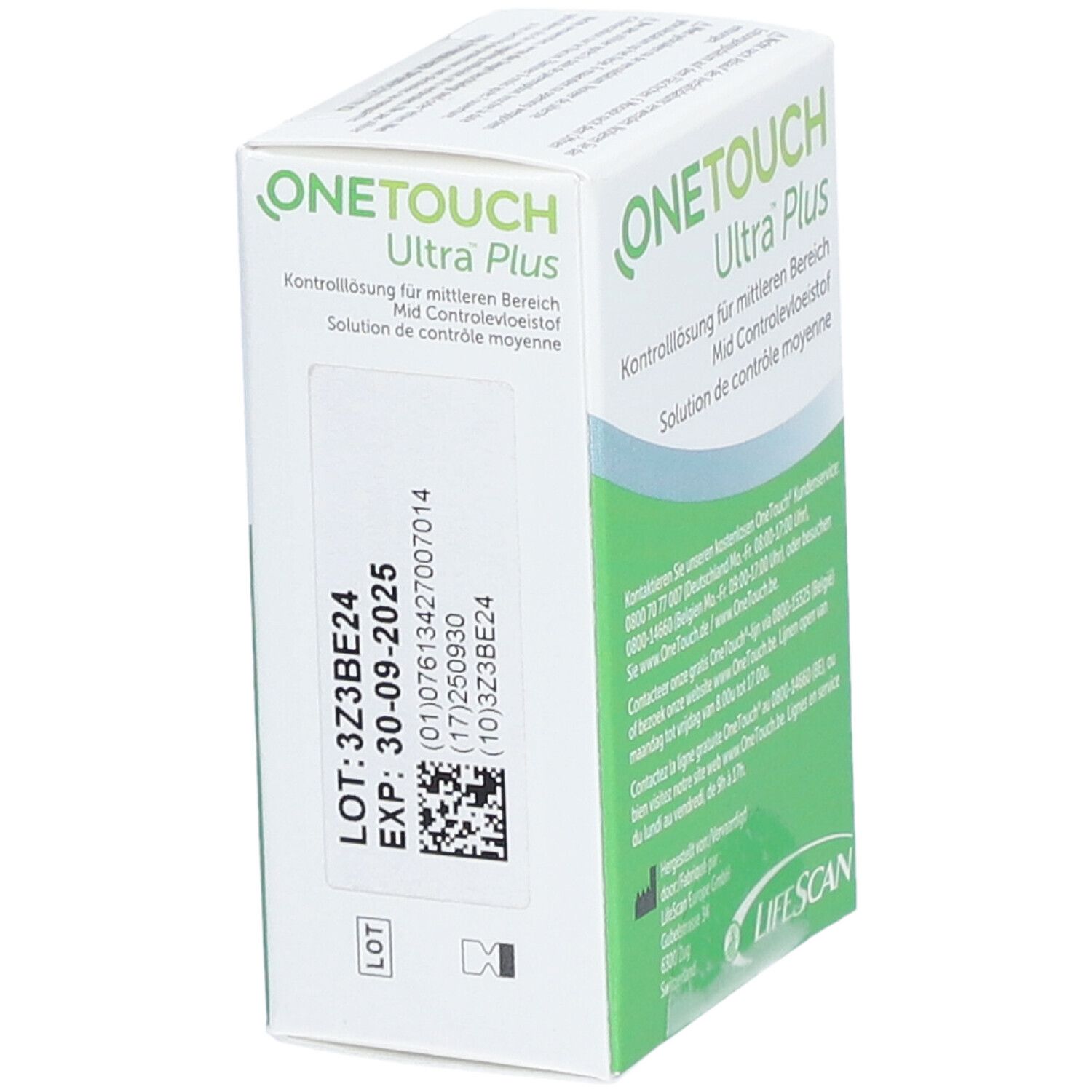 OneTouch Ultra Plus solution de contrôle. Boîte avec texte en allemand, français et néerlandais. Numéro de lot et date de péremption. Code-barres.