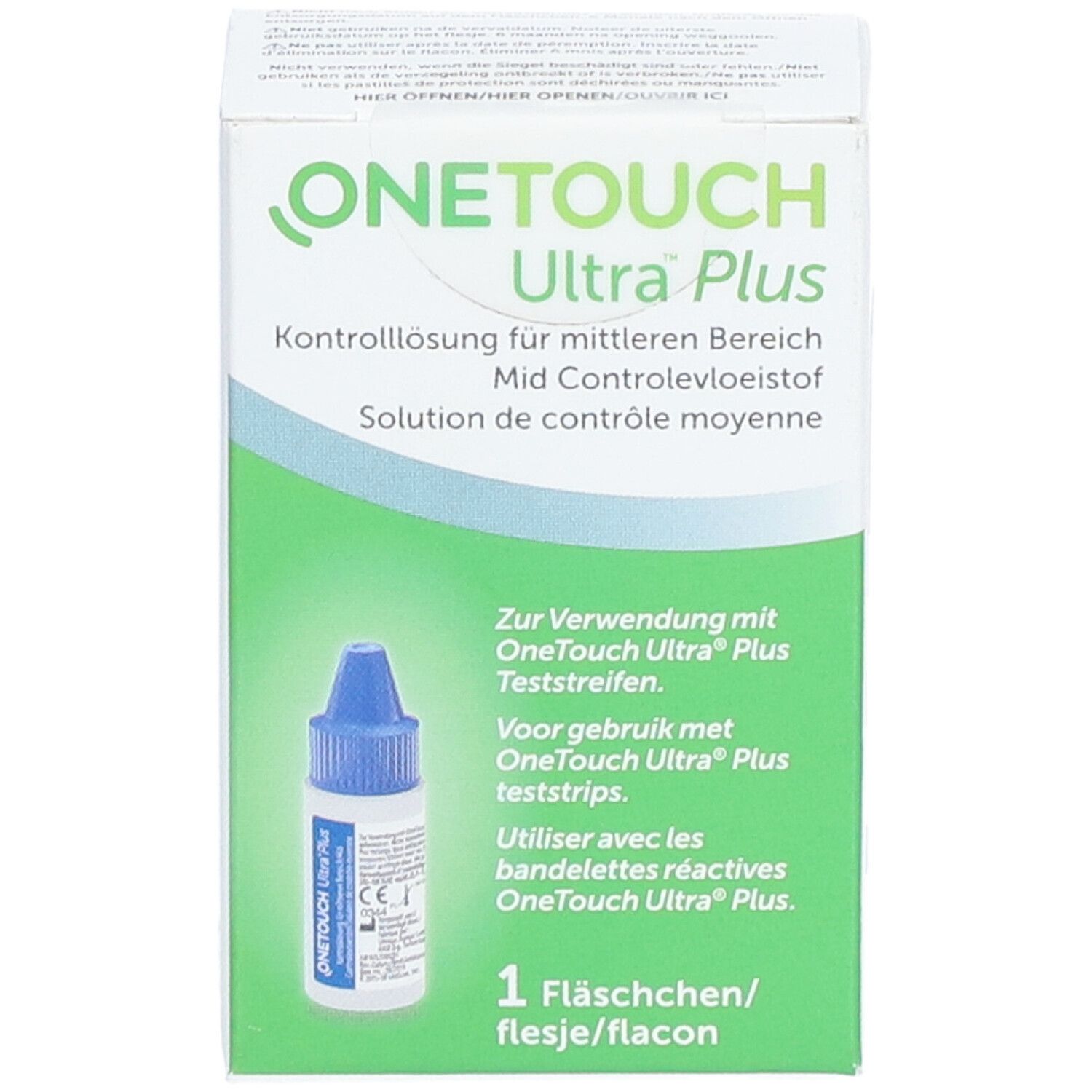 OneTouch Ultra Plus solution de contrôle. Boîte avec flacon. Texte en allemand, français et néerlandais. Flacon à bouchon bleu.